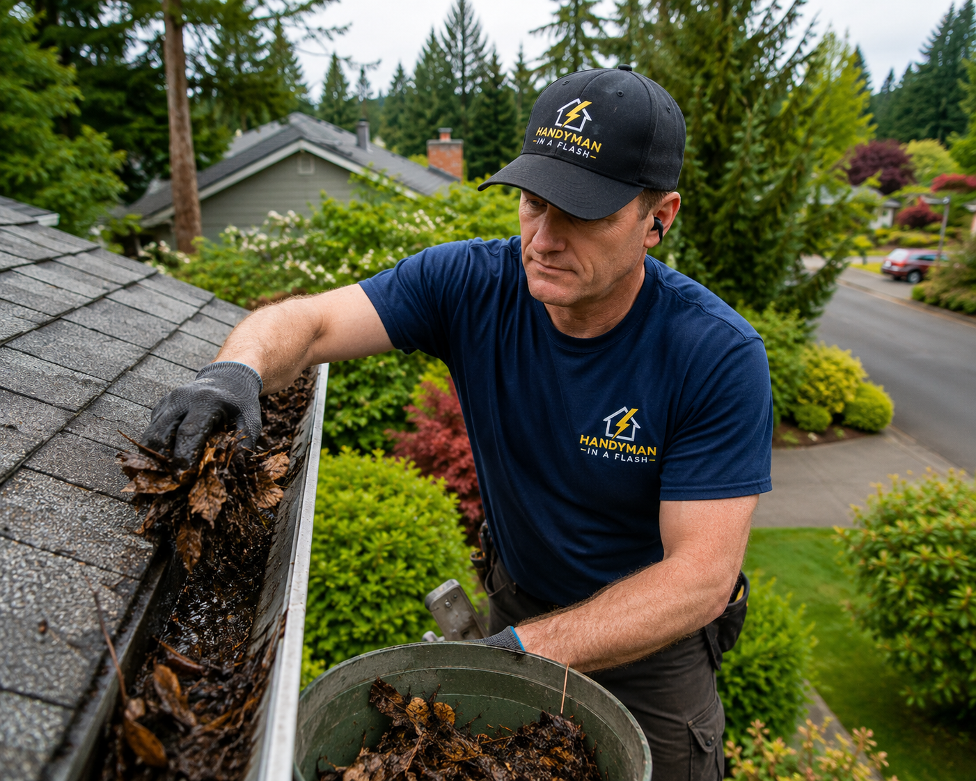 Technician clearing leaves and debris from a home's gutters