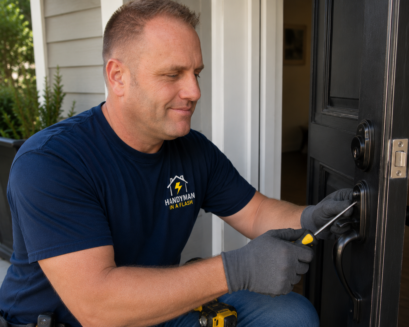 Technician replacing the deadbolt and handle set on a home's front door