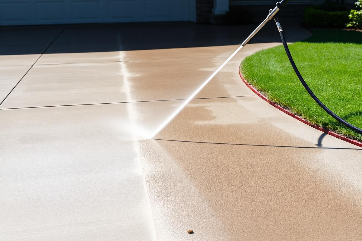 Pressure washing a concrete driveway