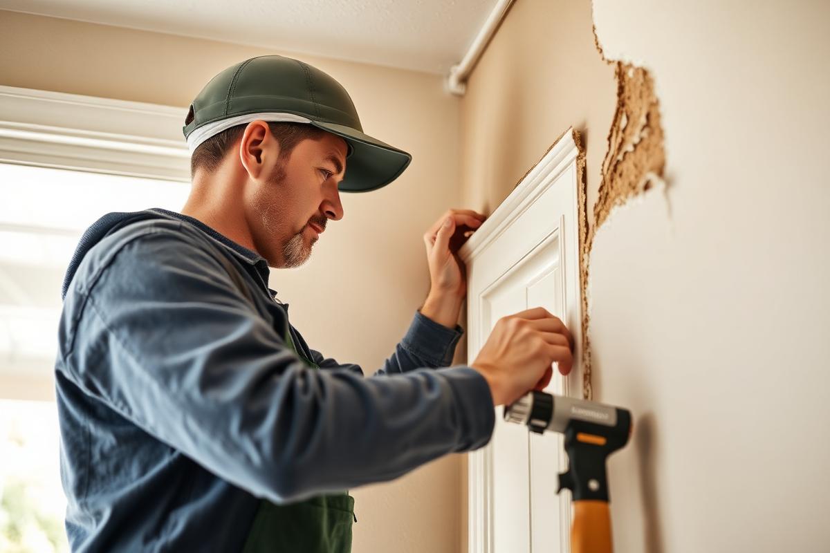 Handyman repairing interior drywall and trim in a home